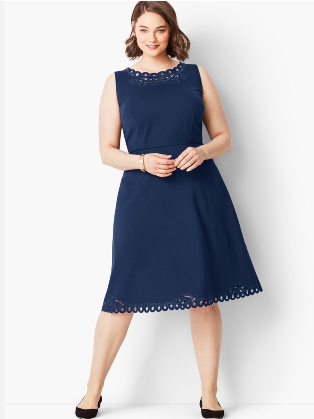 Talbots Navy Sleeveless Fit ‘n Flare Midi Dress with Scalloped Cutout Trim Sz 16